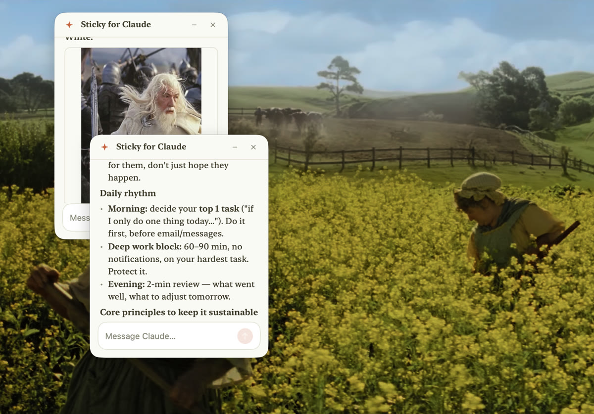 Two Claude chat windows side by side on a Mac, floating over a fullscreen movie